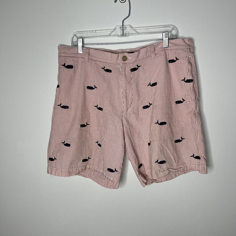 J Crew Chino Shorts‎ Mens 38 Seersucker Embroidered Whales Stripe Cotton Preppy - Picture 8 of 10
